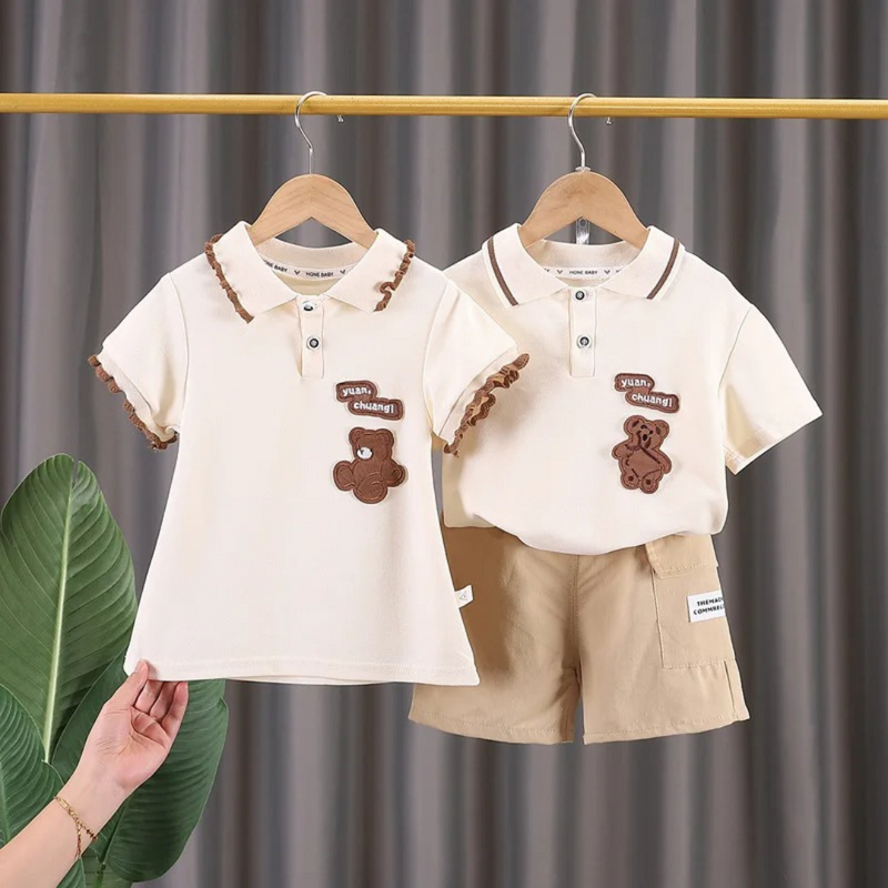 Conjunto Infantil Combinando para Irmãos - Vestido e Conjunto Polo para Meninos e Meninas  Moda Verão Universo Dos Pequenos