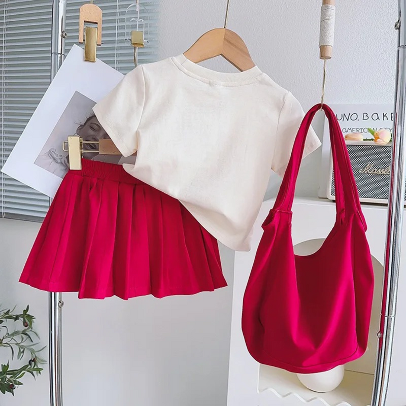 Conjunto Infantil Verão Meninas – Camiseta Árvore + Saia + Bolsa Loja de Roupas Infantis Universo dos Pequenos