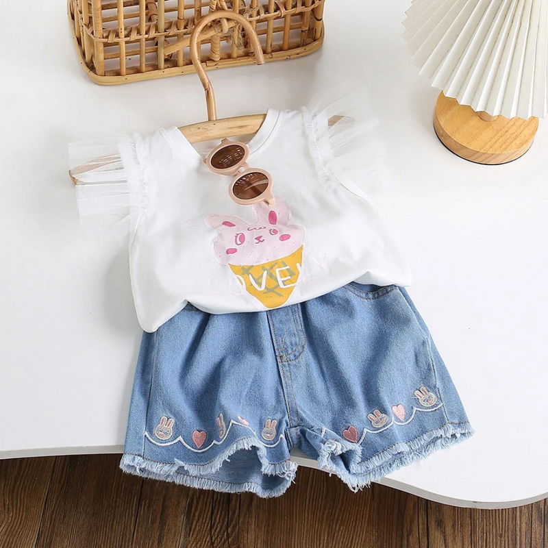 Conjunto Infantil Verão Meninas – Camiseta Coelho + Shorts Jeans Loja de Roupas Infantil Universo dos Pequenos 