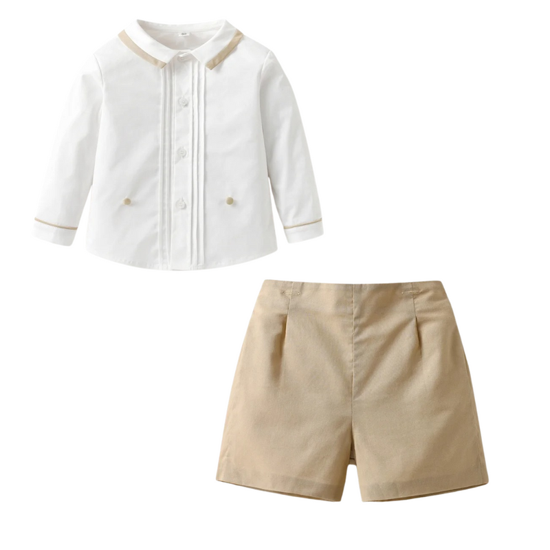 Conjunto Infantil para Menino Camisa Branca com Gola Peter Pan e Shorts