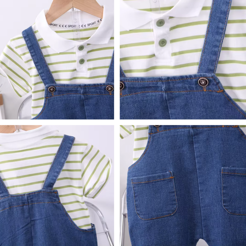 Conjunto de Jardineira e Camiseta Listrada para Meninos - Roupas de Verão 2 Peças | Moda Infantil Universo Dos Pequenos