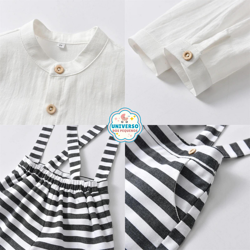 Compre o conjunto de roupas para bebê menino verão! Inclui camisa branca com botões e jardineira listrada de algodão penteado. Conforto e estilo para o seu bebê.