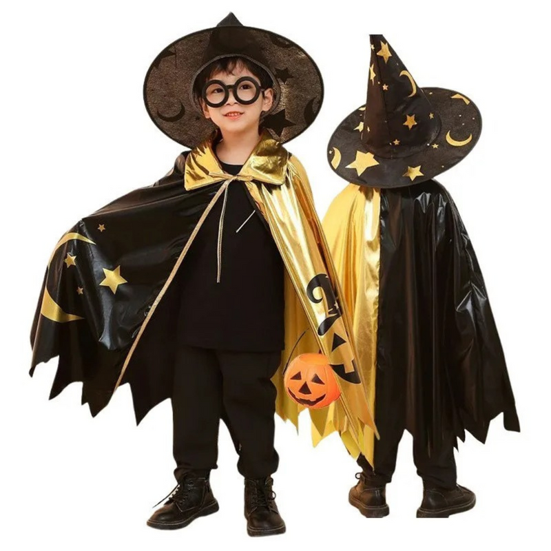 Fantasia Infantil Unissex de Bruxo para Halloween – Capa e Chapéu Mágico | Conjunto Cosplay de Bruxo com Estrelas Loja de Fantasia Infantil Universo dos Pequenos