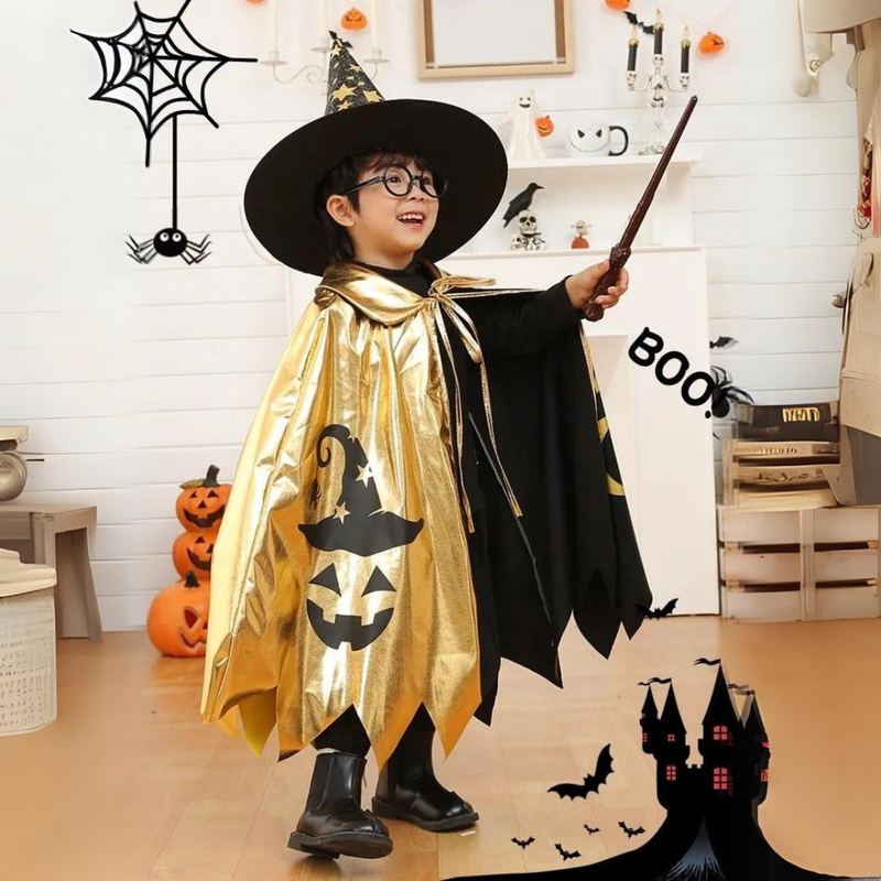 Fantasia Infantil Unissex de Bruxo para Halloween – Capa e Chapéu Mágico | Conjunto Cosplay de Bruxo com Estrelas Loja de Fantasia Infantil Universo dos Pequenos