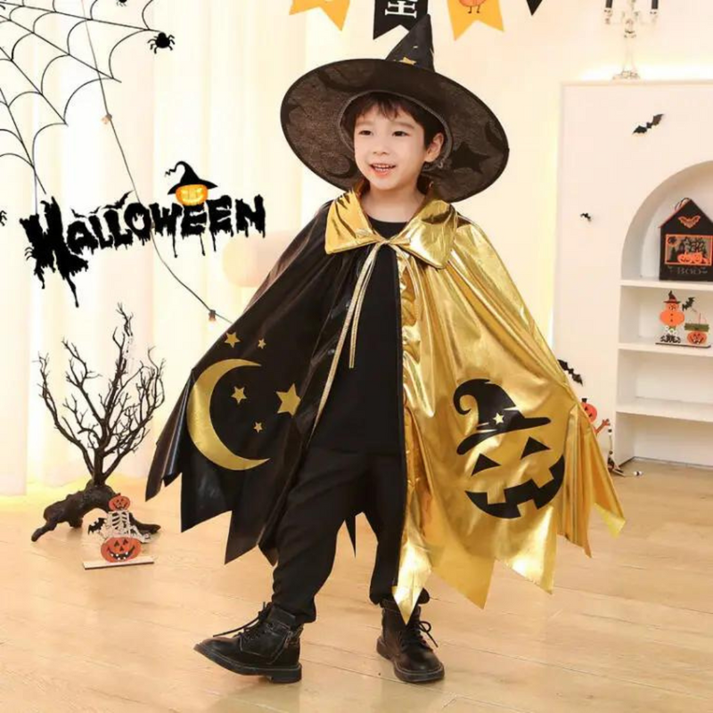 Fantasia Infantil Unissex de Bruxo para Halloween – Capa e Chapéu Mágico | Conjunto Cosplay de Bruxo com Estrelas Loja de Fantasia Infantil Universo dos Pequenos