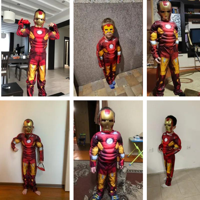 Fantasia de super-herói com músculos 3D para meninos, disponível nos personagens Capitão América, Homem de Ferro e Homem-Aranha. Perfeita para Halloween, cosplay e festas!