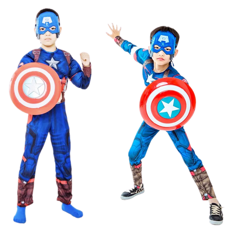 Fantasia de super-herói com músculos 3D para meninos, disponível nos personagens Capitão América, Homem de Ferro e Homem-Aranha. Perfeita para Halloween, cosplay e festas!