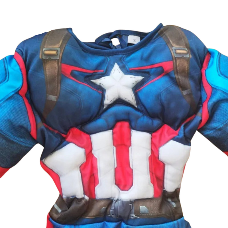 Fantasia de super-herói com músculos 3D para meninos, disponível nos personagens Capitão América, Homem de Ferro e Homem-Aranha. Perfeita para Halloween, cosplay e festas!