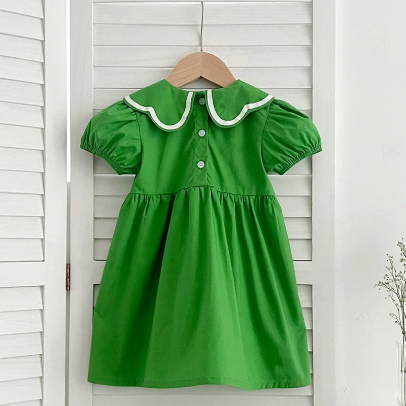 Vestido Infantil Verde com Gola de Boneca  Algodão, Manga Bufante, Laço na Gola Loja de Vestido Infantil Universo dos Pequenis