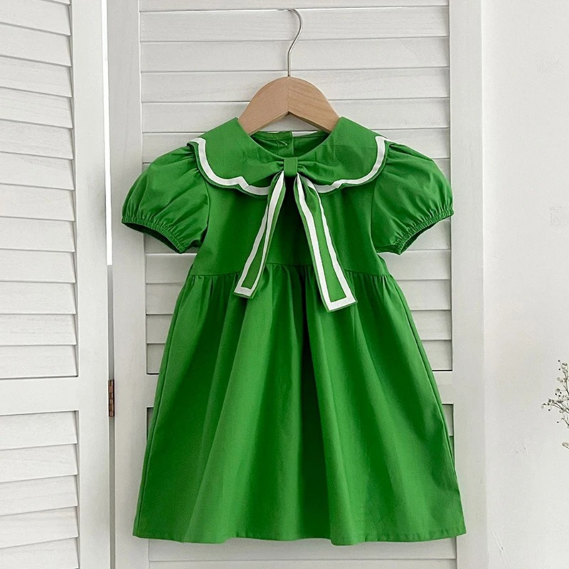 Vestido Infantil Verde com Gola de Boneca  Algodão, Manga Bufante, Laço na Gola Loja de Vestido Infantil Universo dos Pequenis