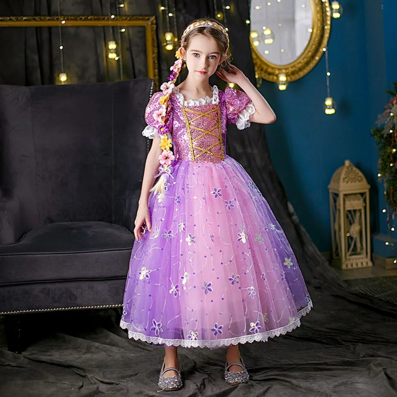 Vestido Infantil de Princesa Rapunzel - Fantasia de Halloween para Meninas com Lantejoulas e Flores Loja da Fantasia Infantil Universo dos Pequenos