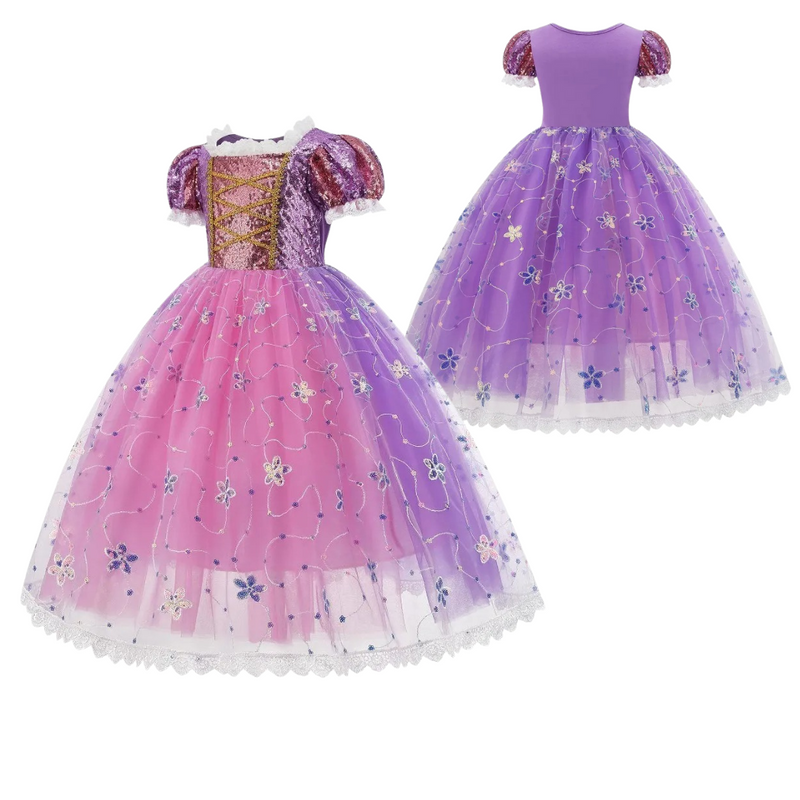 Vestido Infantil de Princesa Rapunzel - Fantasia de Halloween para Meninas com Lantejoulas e Flores Loja da Fantasia Infantil Universo dos Pequenos