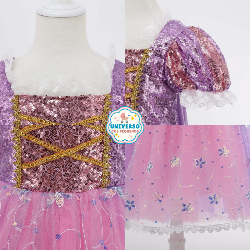 Vestido Infantil de Princesa Rapunzel - Fantasia de Halloween para Meninas com Lantejoulas e Flores Loja da Fantasia Infantil Universo dos Pequenos